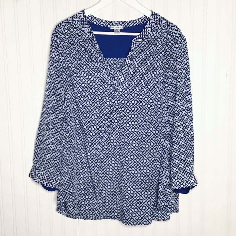 Dalia Collection blue and white geometric print blouse Polyester Lightweight 2X